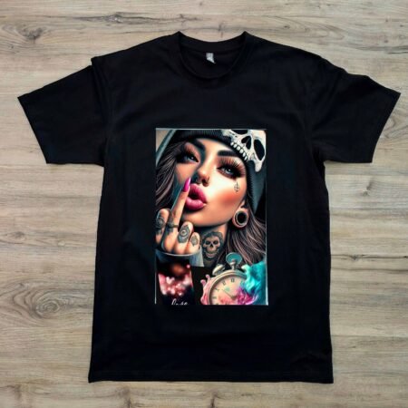 Thug Girl graphic t-shirt by SAVGE INK COLLECTIVE — playful portrait design printed on black premium fabric