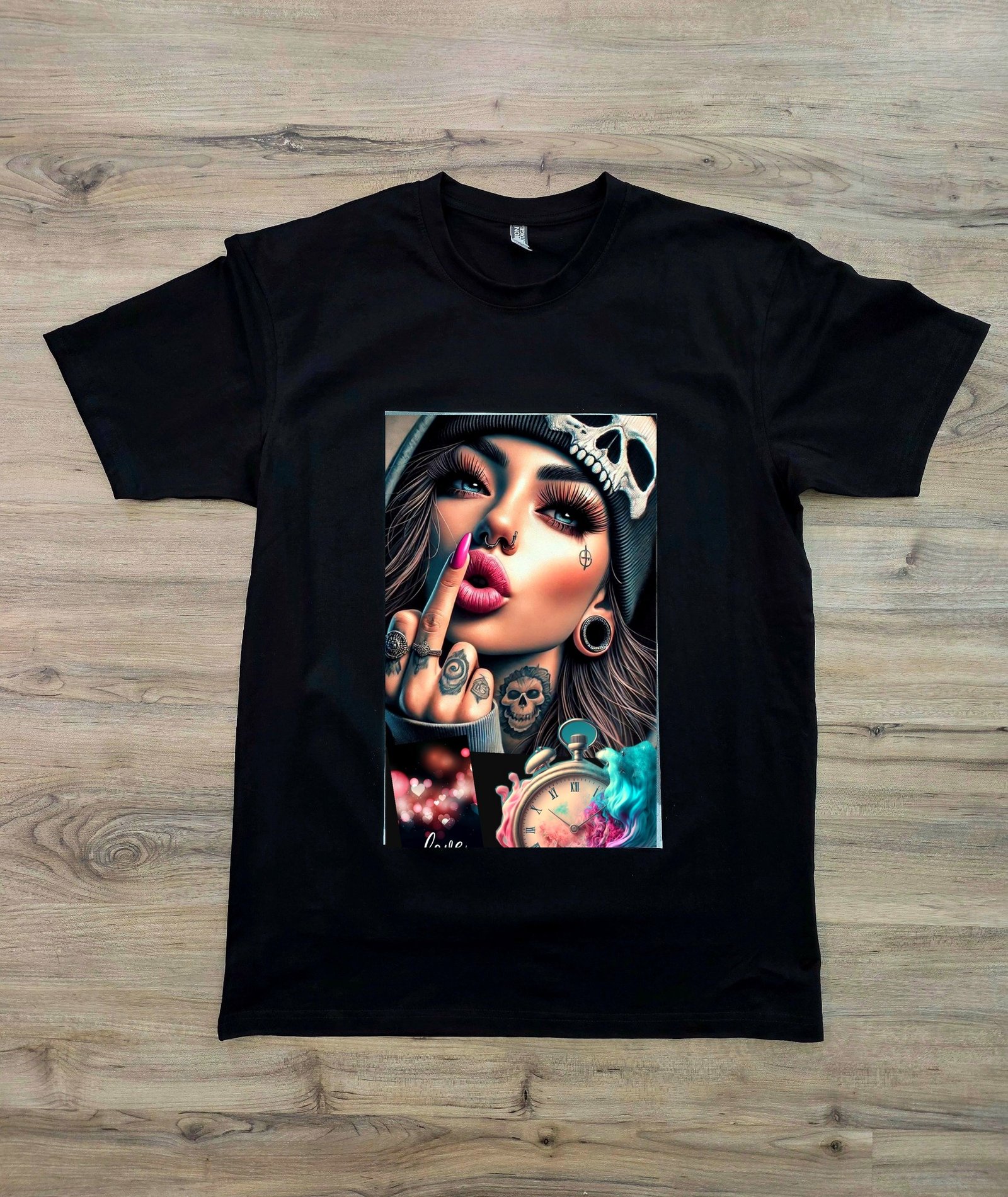 Thug Girl graphic t-shirt by SAVGE INK COLLECTIVE — playful portrait design printed on black premium fabric