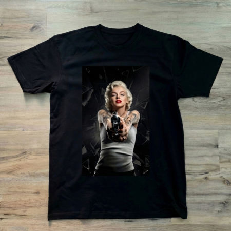 Marilyn revolver graphic t-shirt by SAVGE INK COLLECTIVE — playful portrait design printed on black premium fabric