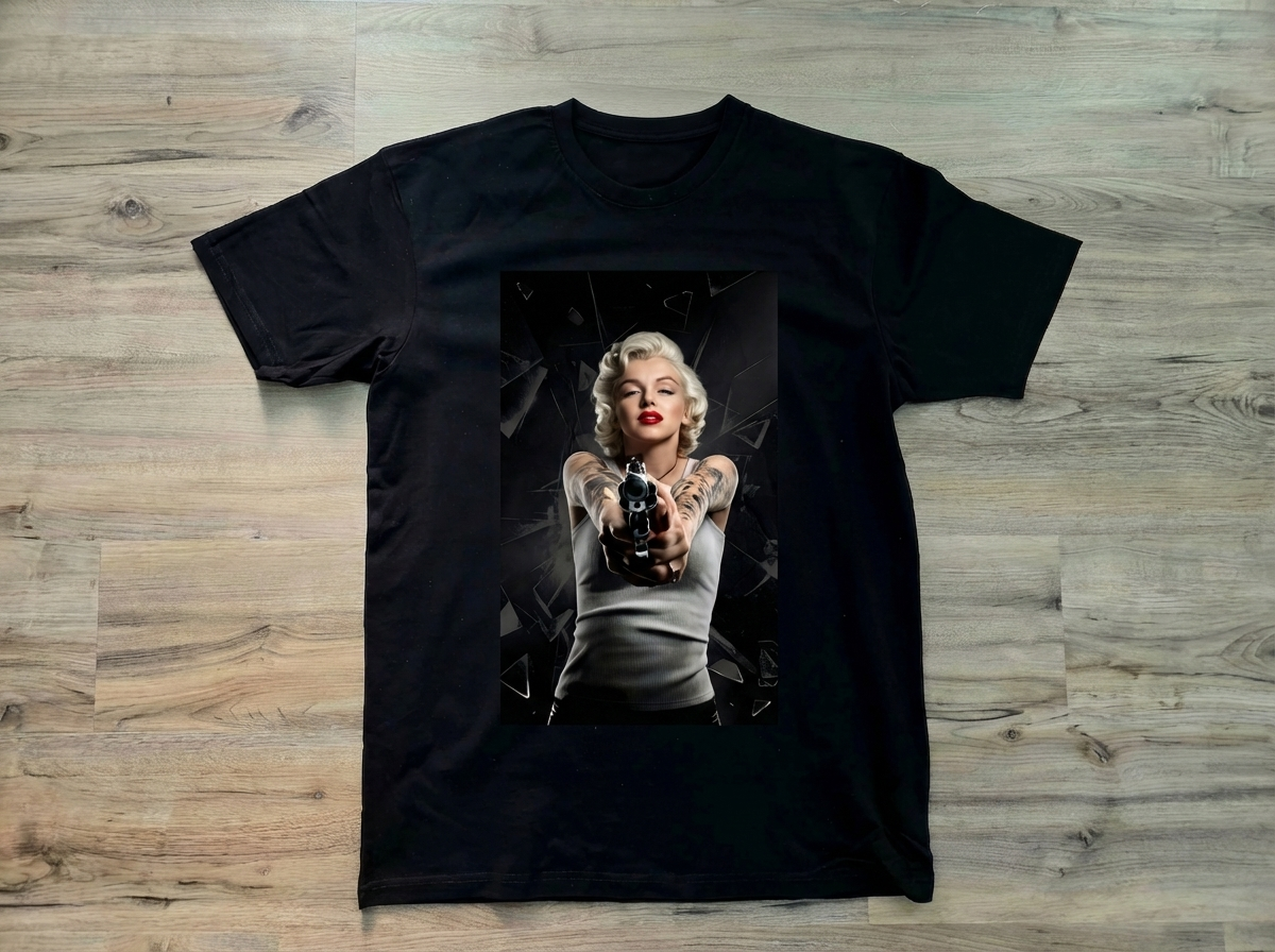 Marilyn revolver graphic t-shirt by SAVGE INK COLLECTIVE — playful portrait design printed on black premium fabric