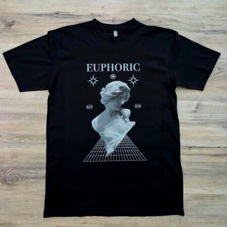 Euphoric graphic t-shirt by SAVGE INK COLLECTIVE — playful portrait design printed on black premium fabric