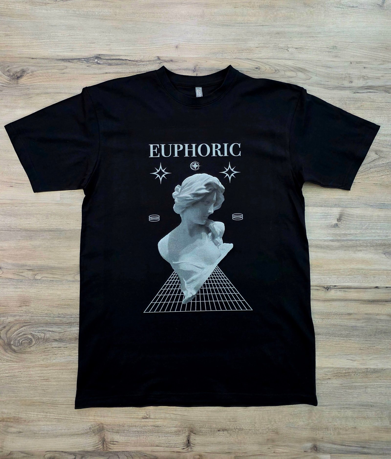 Euphoric graphic t-shirt by SAVGE INK COLLECTIVE — playful portrait design printed on black premium fabric