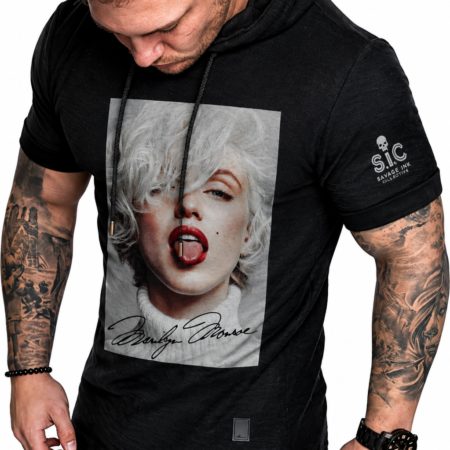 Tongue Flirt graphic GYM Hoodie shirt by SAVGE INK COLLECTIVE — bold provocative portrait design printed on black premium fabric